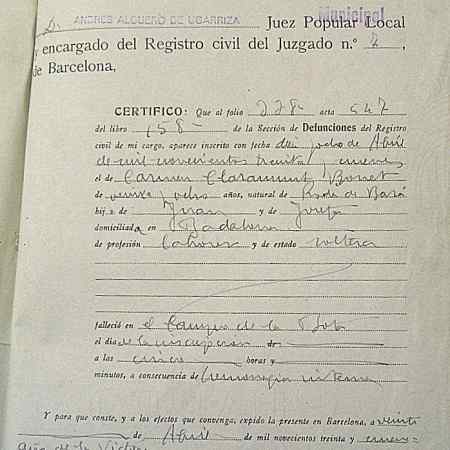 Carmen Clamamunt's death certificate incorporated to Badalona Court Martial. Territorial Court III Archive (ATMT3)