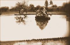 Vista del estanque del jardín del Convento del Buen Consejo. 1950. Archivo Histórico de Les Corts (AHLC).